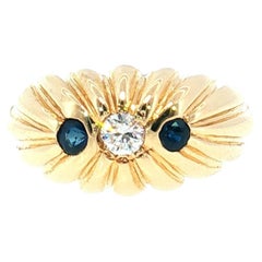 Anello in oro giallo 14 carati con zaffiro e diamanti in stile vintage, misura 5,5