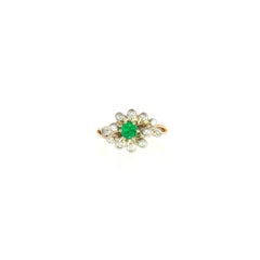 18K Yellow Gold Emerald and Diamond Flower Ring, Size 7.25