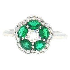 Floral Cluster Ring with Oval Emeralds and Diamond Halo in 14K White Gold