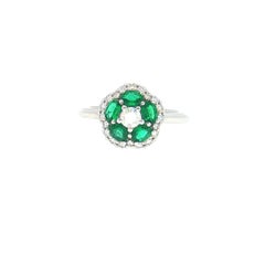 Floral Cluster Ring with Oval Emeralds and Diamond Halo in 14K White Gold