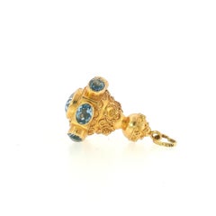 Vintage Italian Etruscan Revival Gold Fob Charm Pendant with Blue Spinel