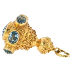 Vintage Italian Etruscan Revival Gold Fob Charm Pendant with Blue Spinel