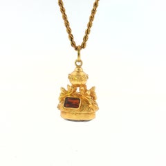 Italian Etruscan Revival Fob Charm Pendant with Citrine in Gold, Mid-20th Centur