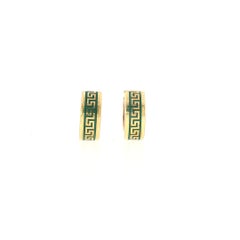Pendientes de aro tipo «huggie» vintage con motivo «Greek Key» y esmalte verde, en oro amarillo de 14 quilates