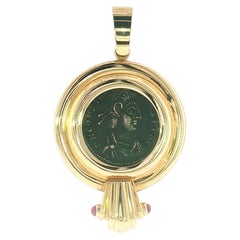 Roman-Style Coin Pendant in 14K Yellow Gold with Fluted Frame and Ruby Accents