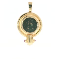 Roman-Style Coin Pendant in 14K Yellow Gold with Fluted Frame and Ruby Accents