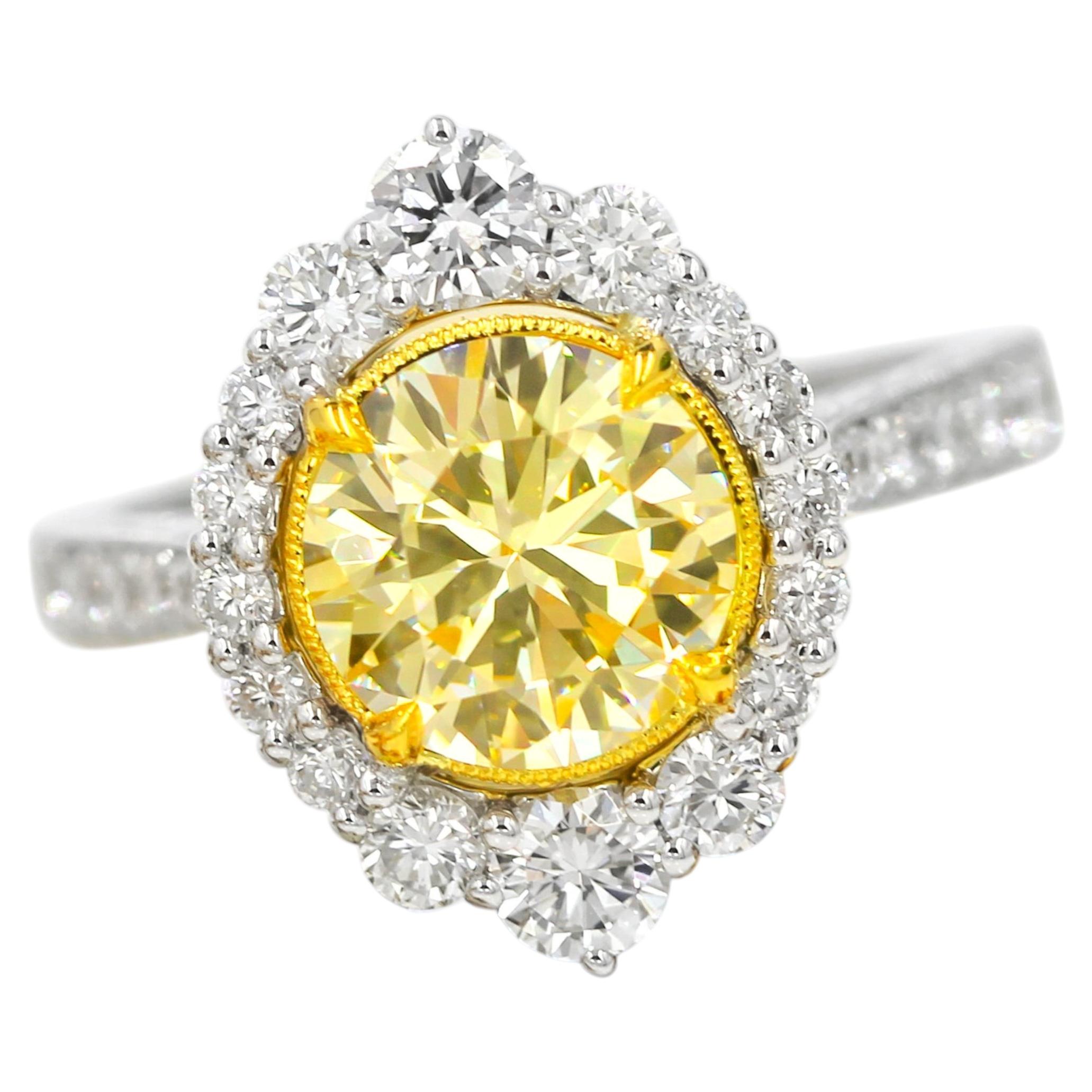 GIA Natural Diamond Round Fancy Yellow 2.95 CTW Engagement Ring 18K White Gold