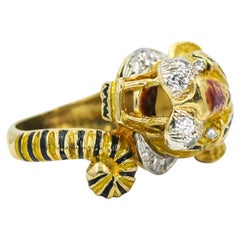 Vintage Diamond & Enamel Tiger Ring, 21.2 Grams 18K Gold David Webb Style