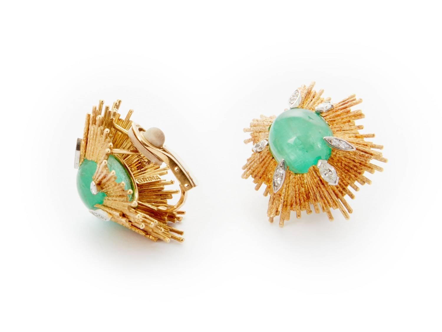 Andrew Grima, Untitled Clip Earrings, 1973, with Grima plaque, stamped AG and with London hallmarks with date letter 's' on reverse. Presented in original Grima Box. 

18k yellow gold, emerald and diamond.

Andrew Grima (1921-2007) was born in