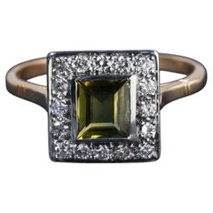 Antique Art Deco Australian Olive Green Parti Sapphire Diamond Ring in 18ct Gold