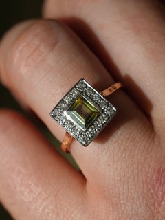 Antique Art Deco Australian Olive Green Parti Sapphire Diamond Ring in 18ct Gold