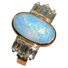 Vintage Australian Solid Opal & Baguette Cut Diamond Ring 18ct Gold Mid Century
