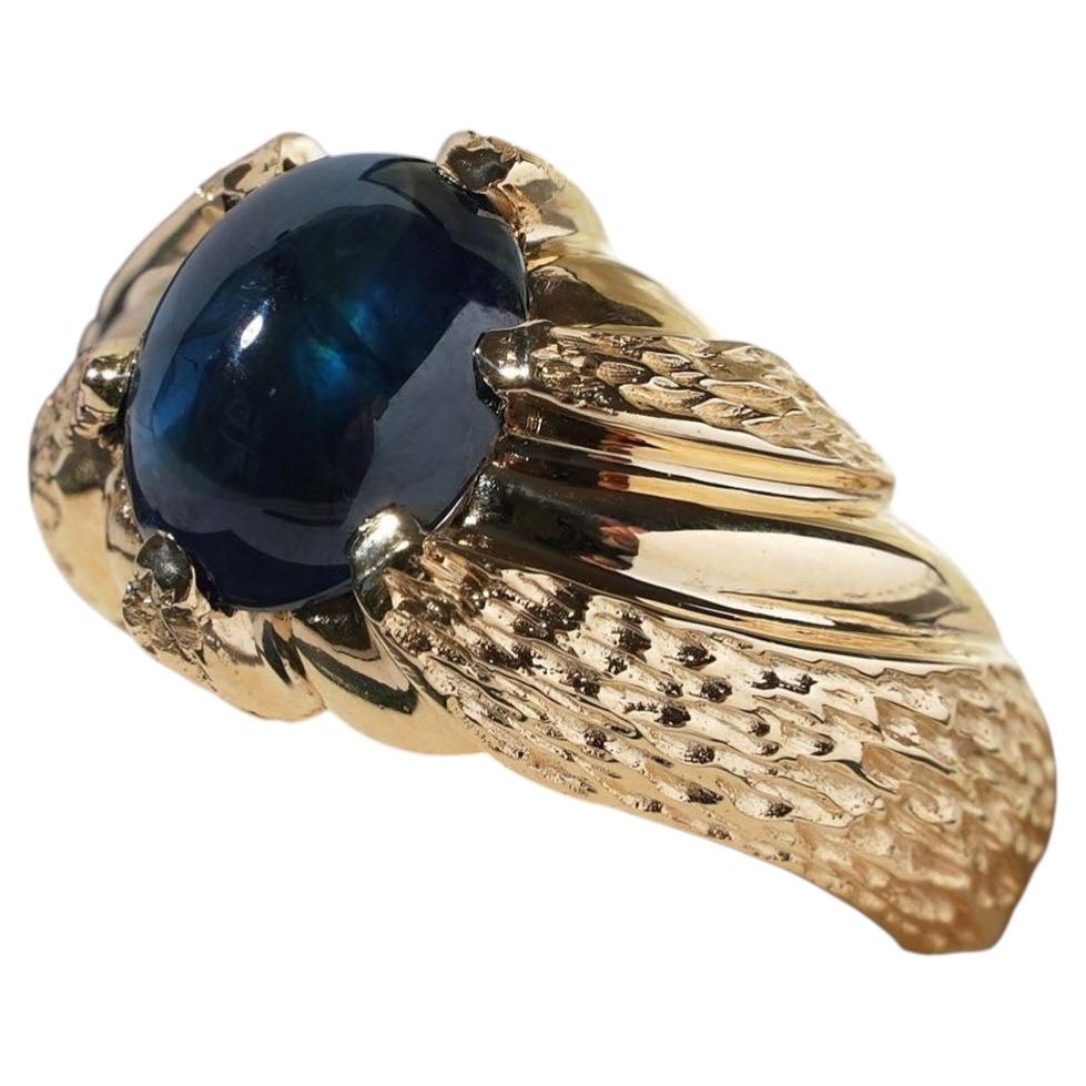 4,37 Karat australischer blauer Saphir-Cabochon, Herren-Siegelring aus 14-karätigem Gold mit Belcher-Fassung