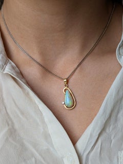 Vintage Australian 4ct Solid White Opal Diamond 18k Gold Teardrop Pendant