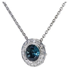 1.26ct Australian Teal Blue Sapphire Diamond Pendant Necklace 14k White Gold
