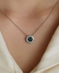 1.26ct Australian Teal Blue Sapphire Diamond Pendant Necklace 14k White Gold