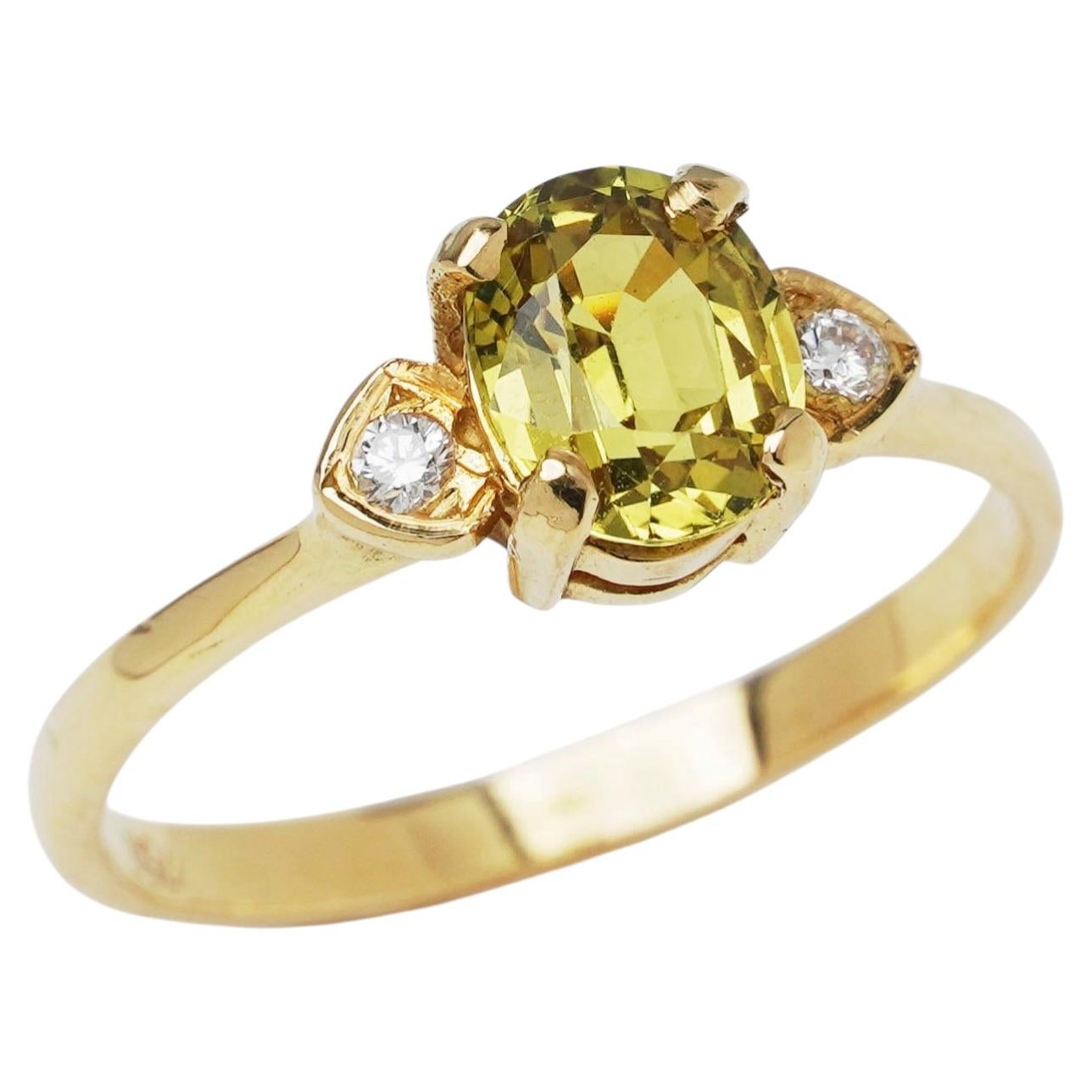 Ring aus 18-karätigem Gold mit einem natürlichen australischen gelben Saphir (1,30 Karat) und Diamanten, Ringgröße L.5 / 6 im Angebot