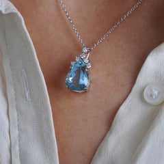 4.2ct Pear Cut Blue Aquamarine & Diamond Necklace Pendant in 18k White Gold