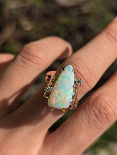 Vintage Triangle Australian Solid White Opal & Diamond Ring in 9ct Rose Gold