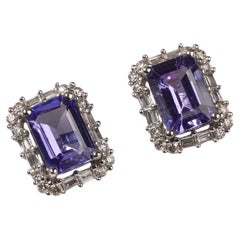 18k White Gold Emerald Cut Violet Tanzanite Baguette Diamond Halo Stud Earrings