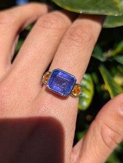 Art Deco Style Emerald Cut Blue Tanzanite & Yellow Sapphire Ring 14k White Gold