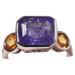Art Deco Style Emerald Cut Blue Tanzanite & Yellow Sapphire Ring 14k White Gold