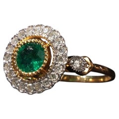 Green Colombian Emerald & Diamond Flower Cluster Round Halo Ring in 18ct Gold