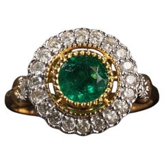 Green Colombian Emerald & Diamond Flower Cluster Round Halo Ring in 18ct Gold