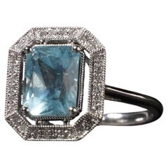 Art Deco Style 3.04ct Emerald Cut Blue Aquamarine Diamond Halo Ring in Platinum