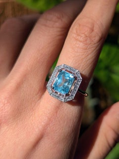 Art Deco Style 3.04ct Emerald Cut Blue Aquamarine Diamond Halo Ring in Platinum