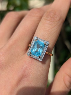 Art Deco Style 3.92ct Blue Aquamarine & Diamond 18k Rose Gold Ring Radiant Cut