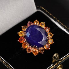 Natural Blue, Orange, Yellow Sapphire Sunflower Large Halo Ring 10k Rose Gold