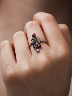 Antique Art Nouveau Ruby Sapphire Demantoid 14k RoseGold Ring Giardinetti Flower