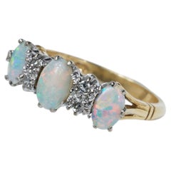 1976 Vintage Solid Opal Diamond Three Stone 18ct Yellow & White Gold Ring M 6.5