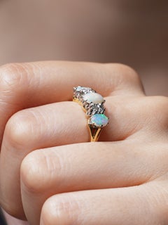 1976 Vintage Solid Opal Diamond Three Stone 18ct Yellow & White Gold Ring M 6.5