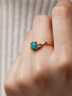 18ct Gold Bright Blue Green Australian Solid Black Opal Diamond Ring L.5 / 6