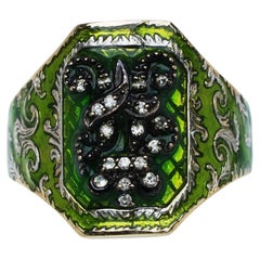 Vintage 9ct Gold Green Enamel & Diamond Royal Crest Signet Ring Scroll Filigree