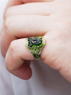 Vintage 9ct Gold Green Enamel & Diamond Royal Crest Signet Ring Scroll Filigree