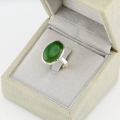 Russian green nephrite silver ring, green jade
