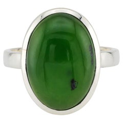 Russian green nephrite silver ring, green jade