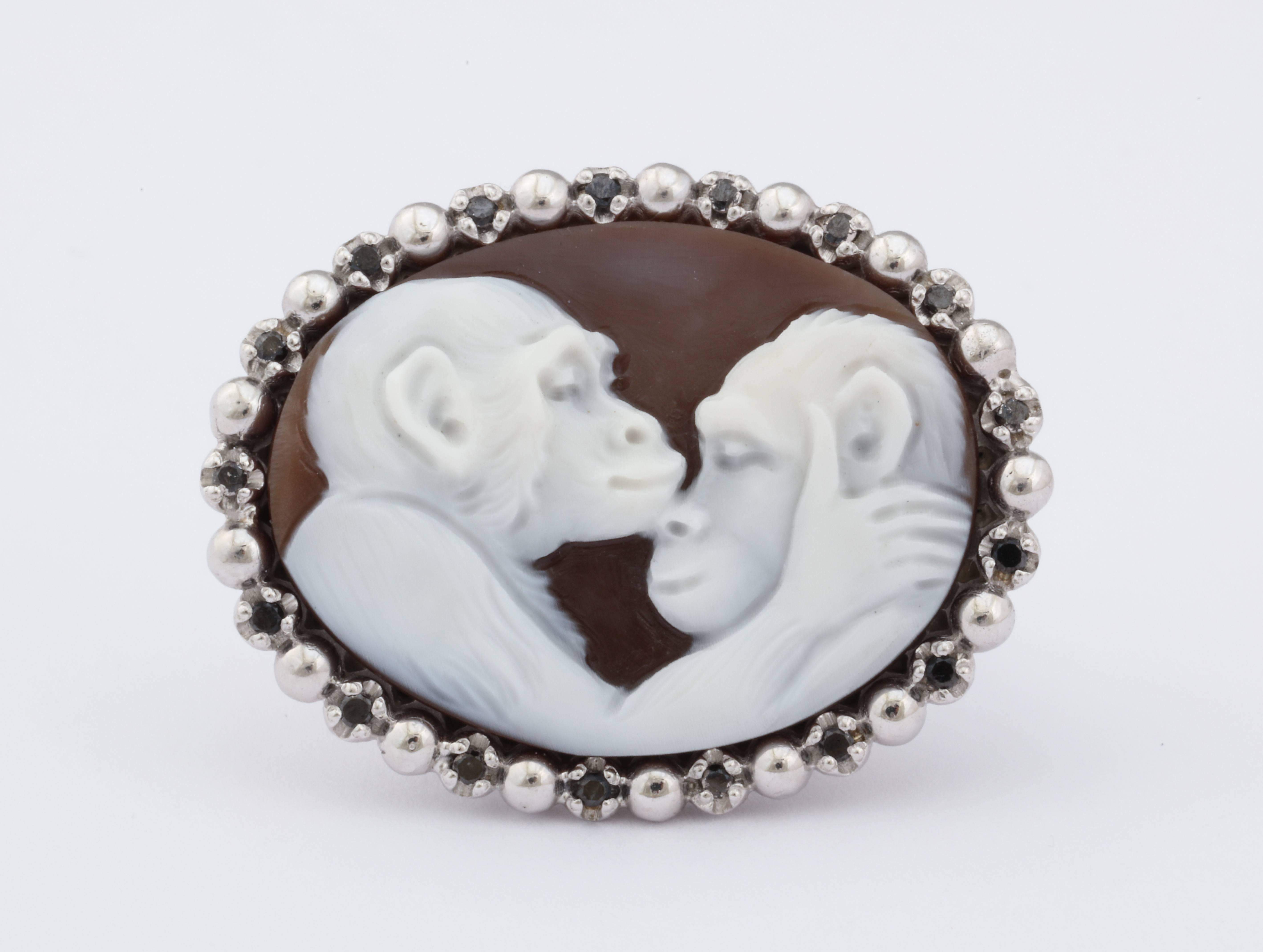 30mm sardonyx shell cameo hand-carved, set in sterling silver, white rhodium with black diamonds.