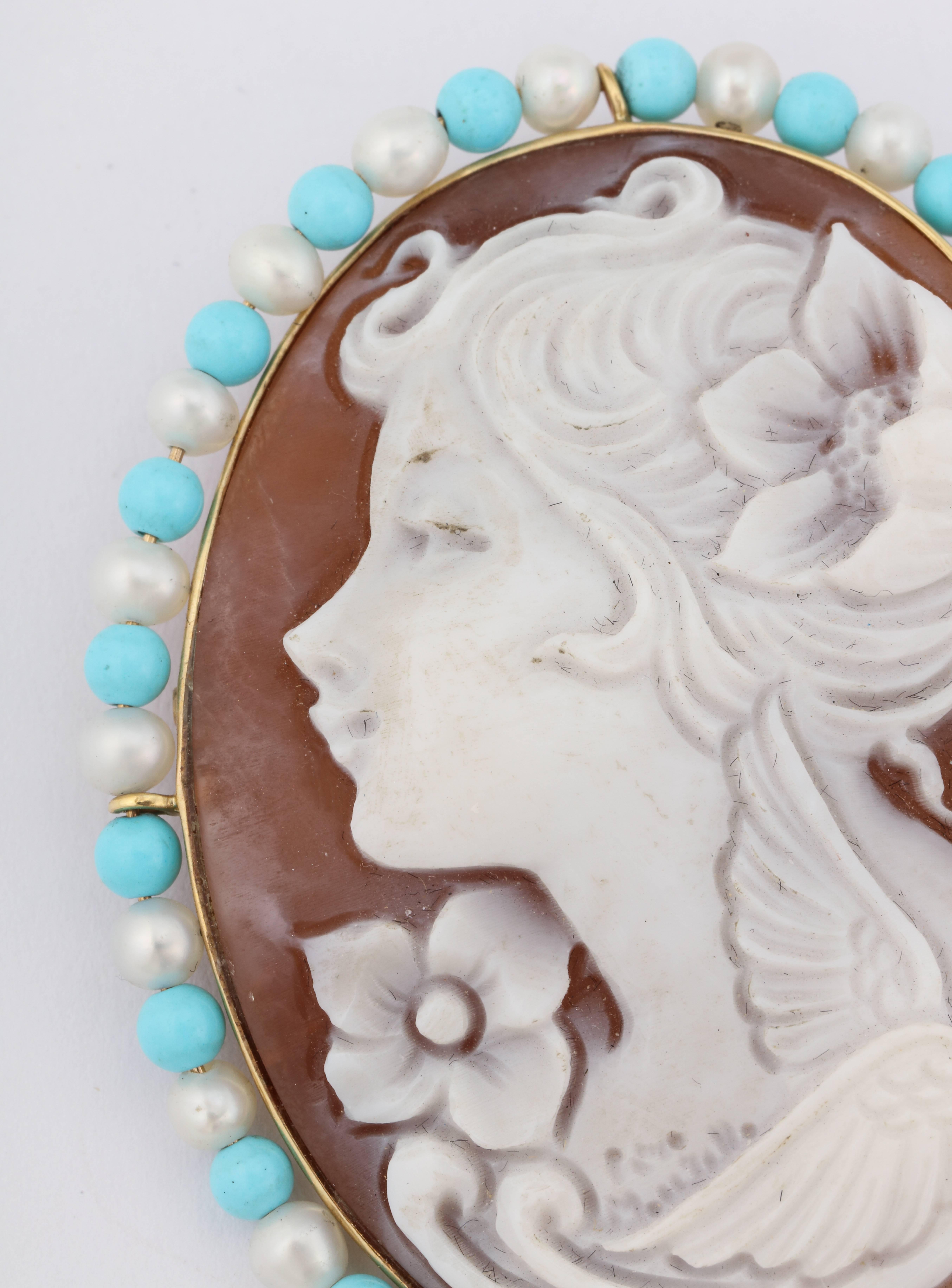 45mm sardonyx shell cameo hand-carved, 14k yellow gold, turquoise and fresh water pearl beads brooch/pendant with 18' silk cord.