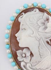 Amedeo "Positano" Cameo Turquoise  Pearls Brooch Pendant