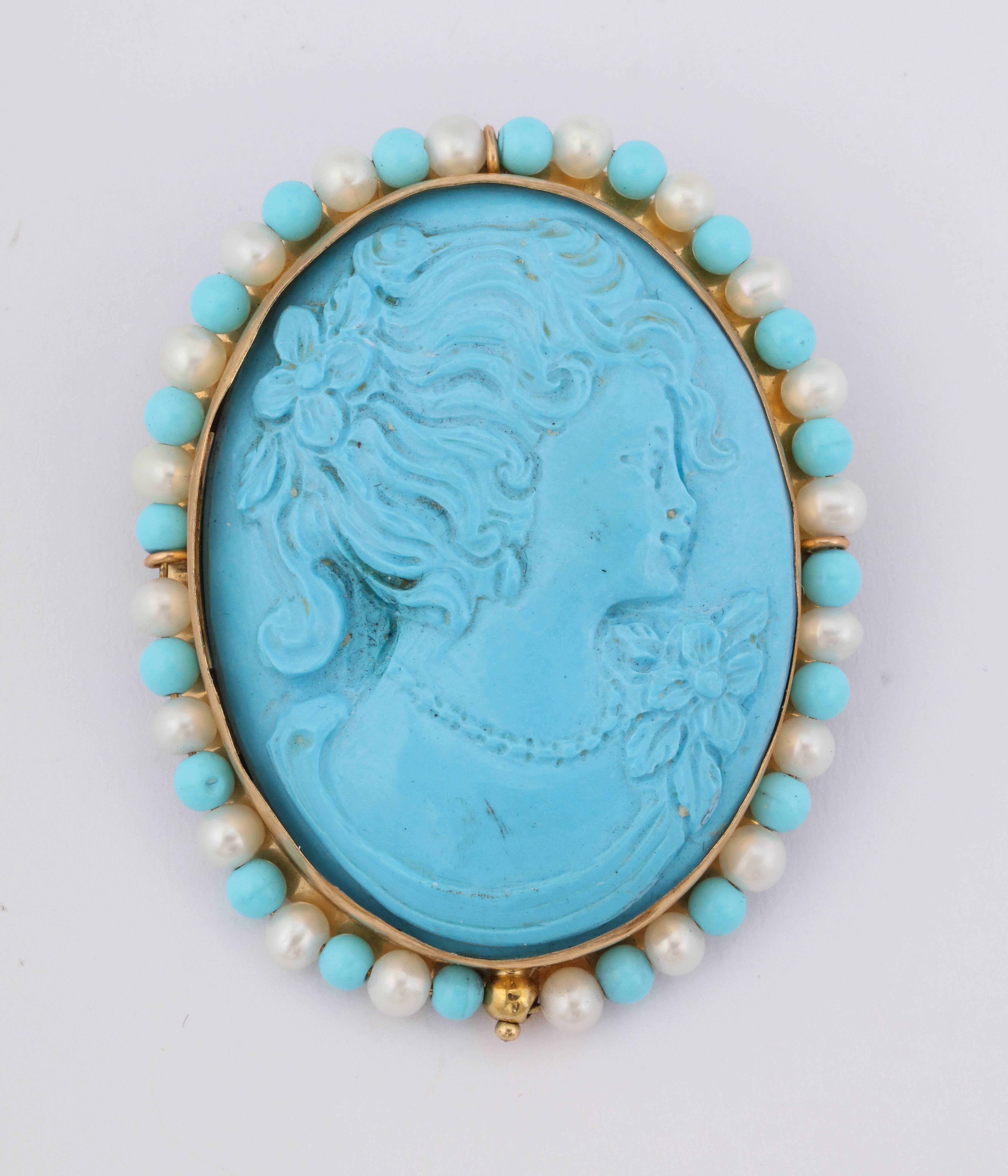 40mm Turquoise shell cameo hand-carved,14Kt yellow gold, turquoise and fresh water pearls brooch/pendant.