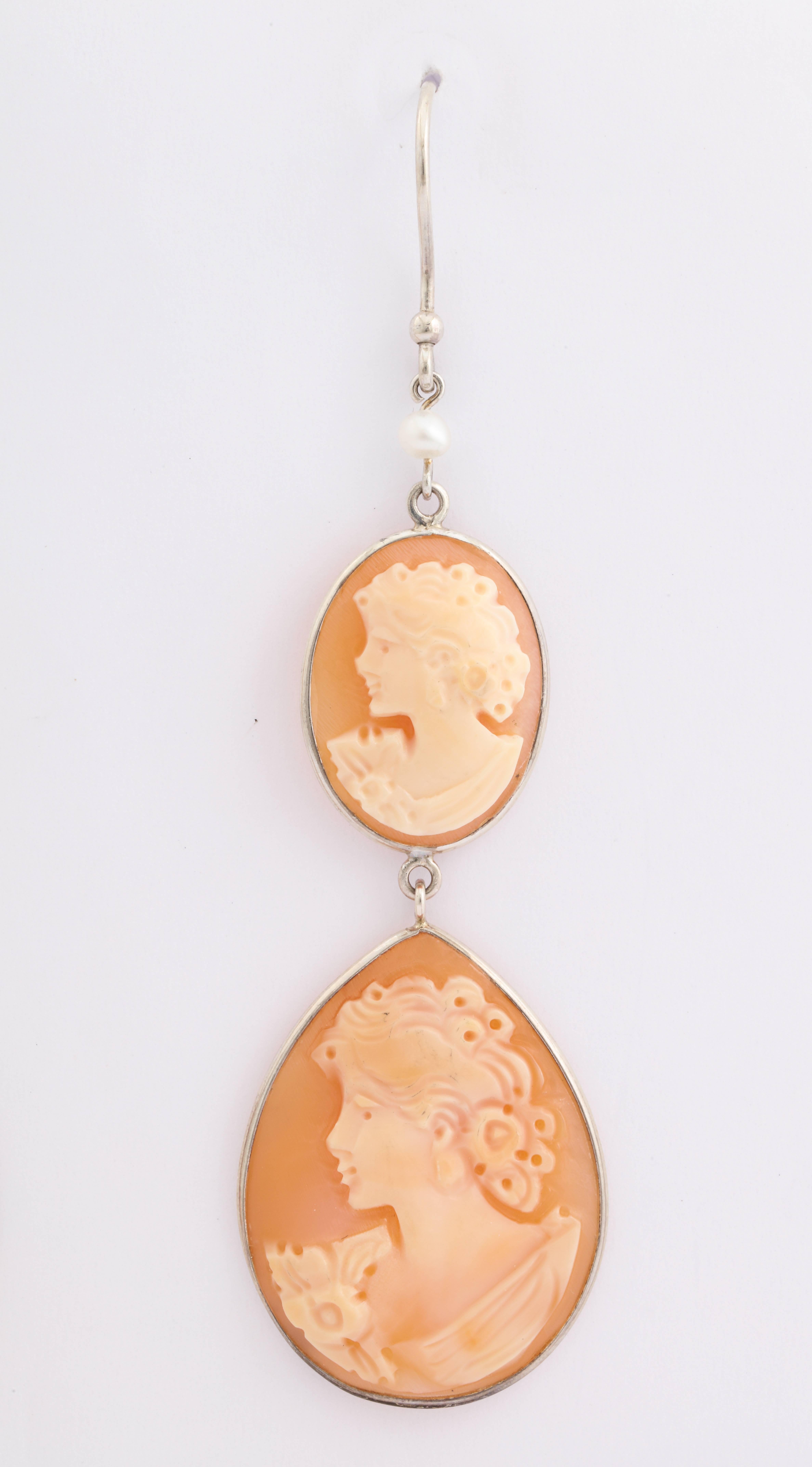 20 and 30mm Cornelian shell cameo hand-carved, sterling silver earrings.
