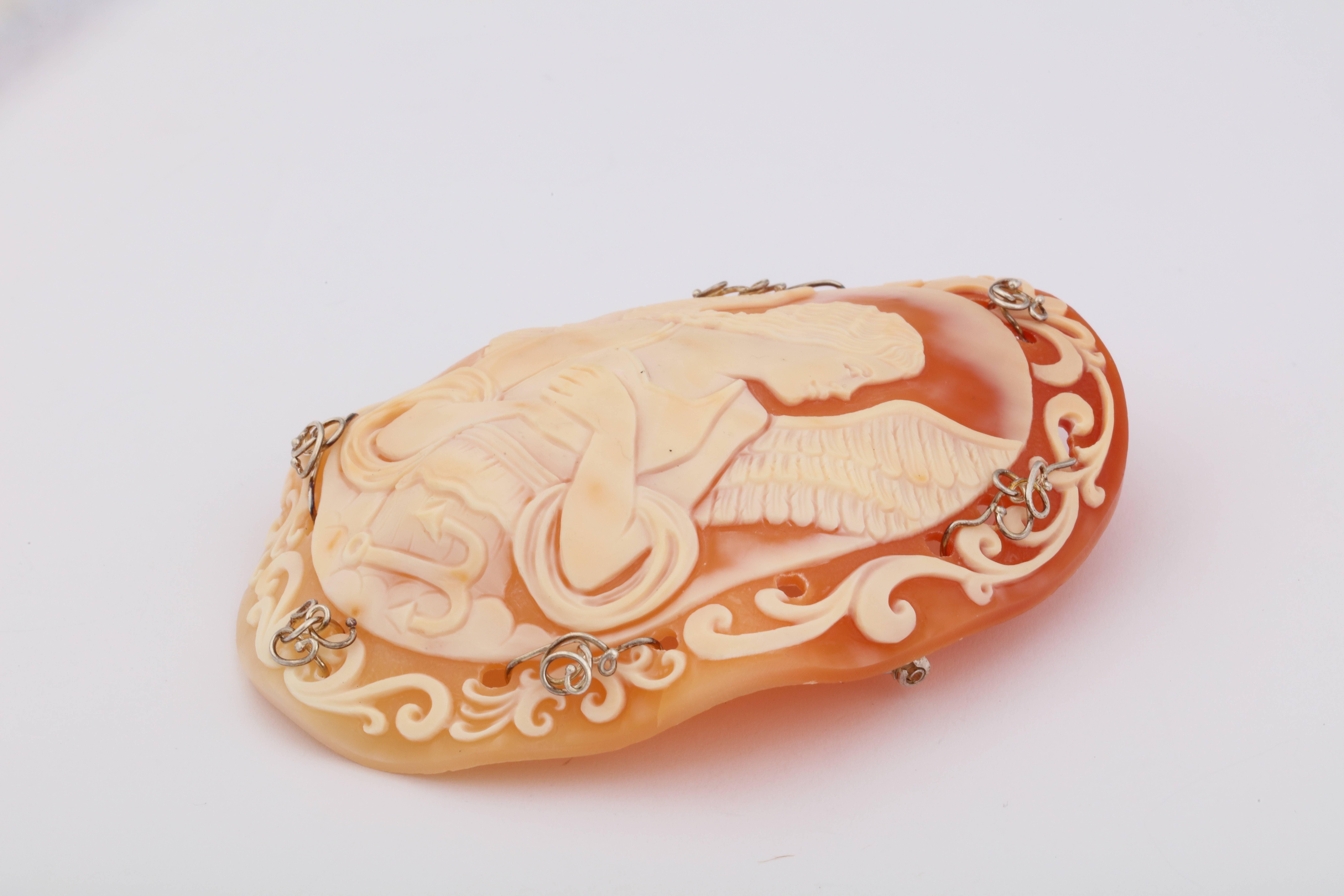 90mm Cornelian shell cameo hand-carved, set in sterling silver with 18