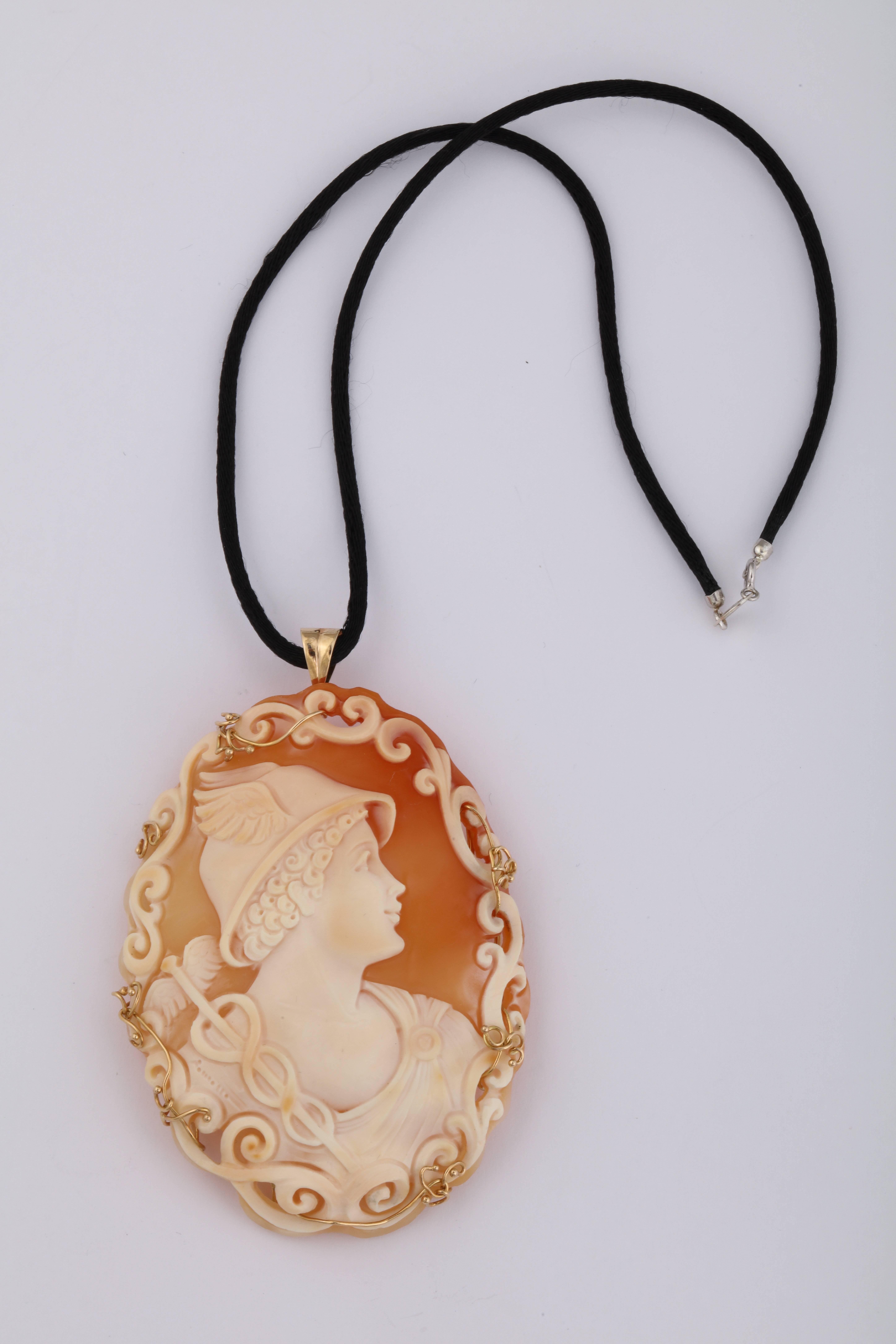 85mm Cornelian shell cameo hand-carved with 14kt yellow gold and 18