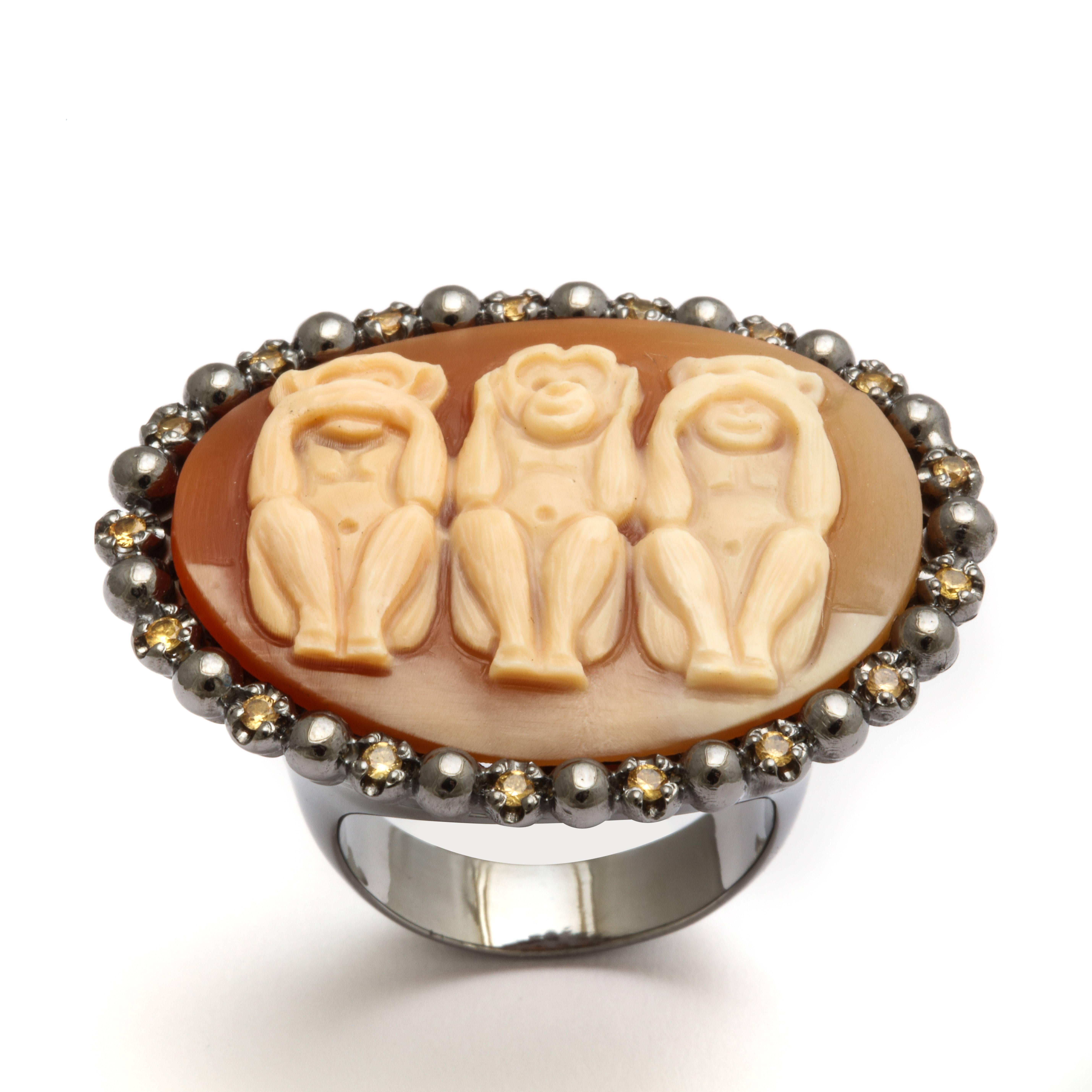 30mm sardonyx cameo hand-carved, set in sterling silver rose rhodium plated ring with yellow sapphires.
Ring Size: 7US
*Being these are hand crafted one of a kind designs, not all ring sizes might be immediately available. We offer custom sizing
