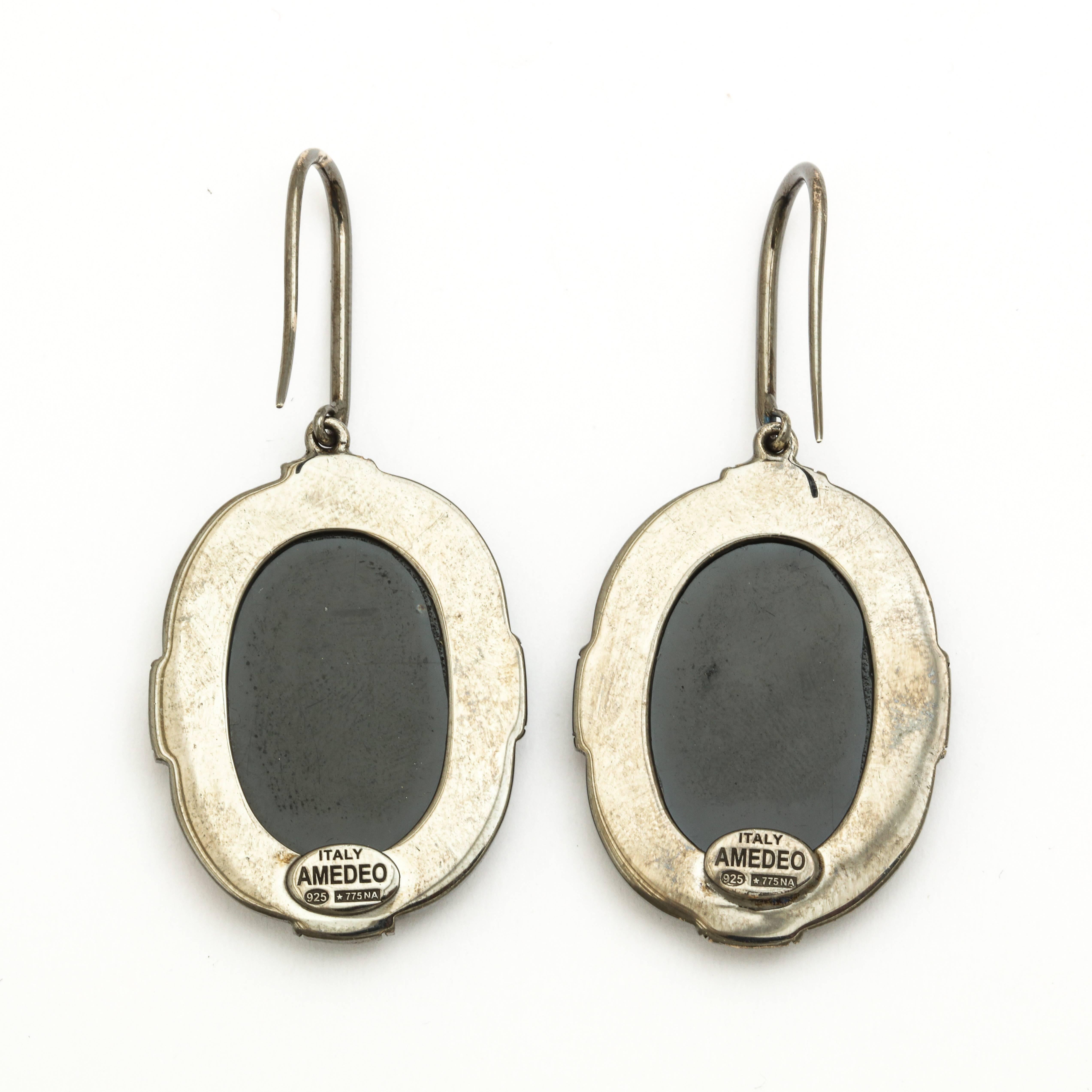 25mm blue agate shell cameo hand-carved, set in sterling silver, black rhodium plated with black diamonds.