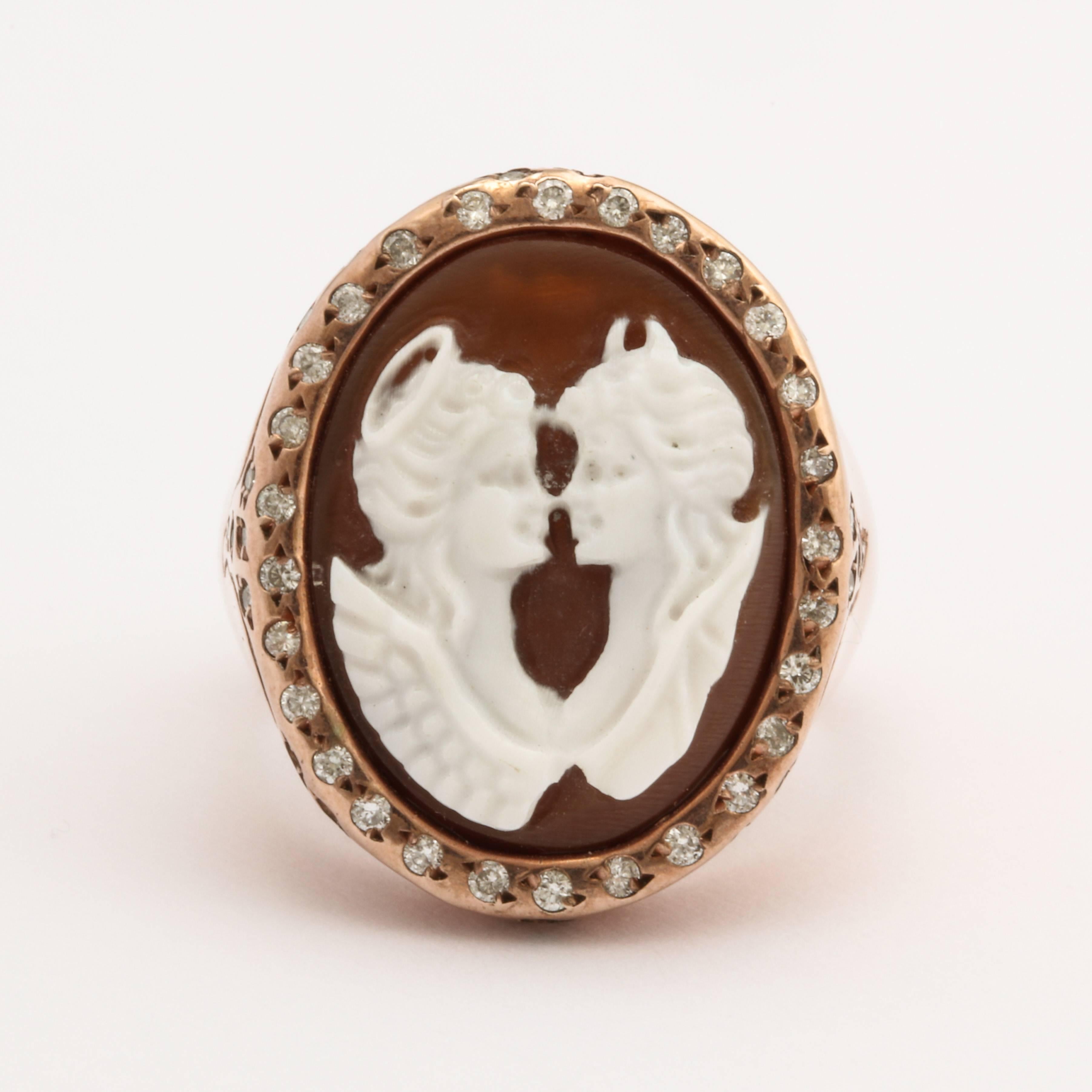 20mm sardonyx shell cameo hand-carved set in sterling silver rose rhodium plated and white diamonds.
Ring Size: 7 US

*Being these are hand crafted one of a kind designs, not all ring sizes might be immediately available. We offer custom sizing free